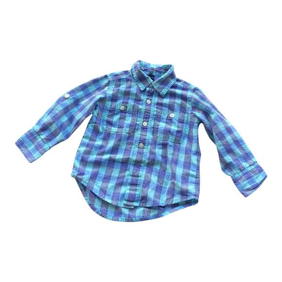 Gap Boys Shirt Size 2 Oceanside Blue Plaid Roll Tab Cuff Button Up Front - Picture 4 of 7